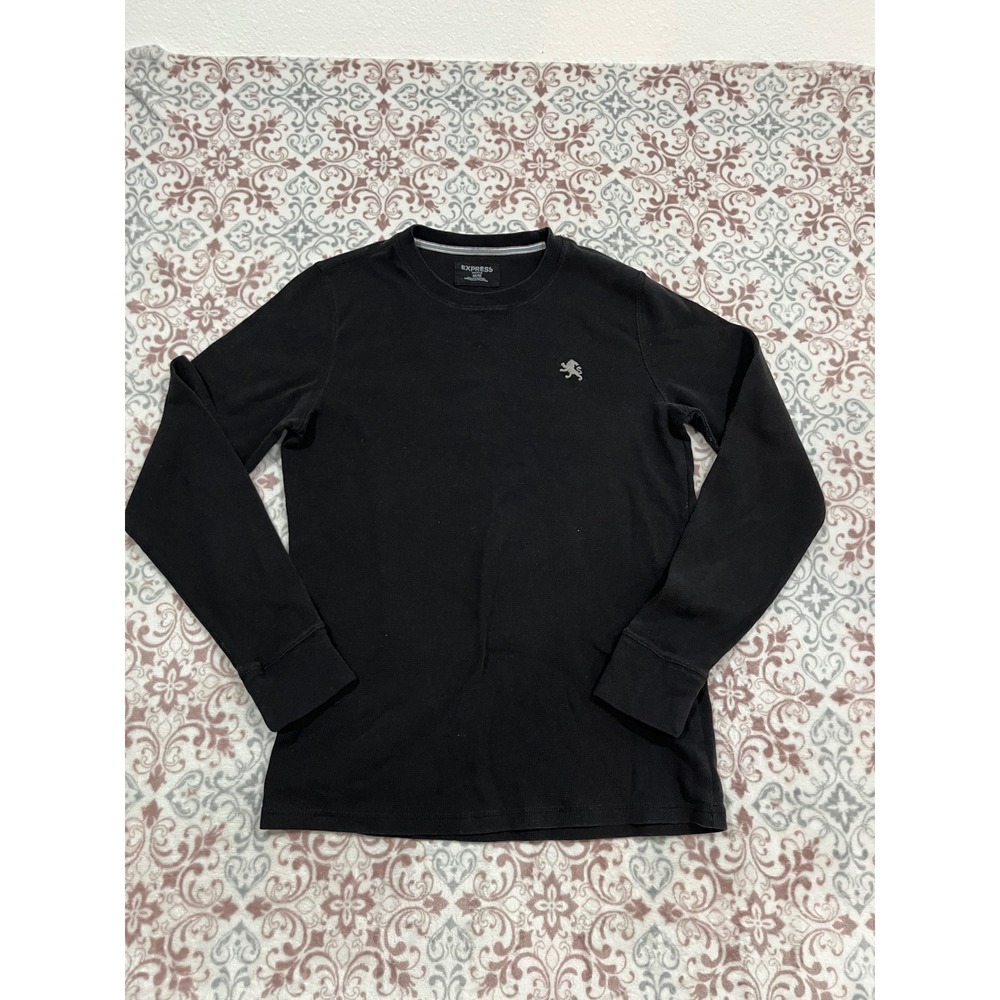 Express Men Black Waffle Knit Thermal Long Sleeve Shirt Lion Logo Size M